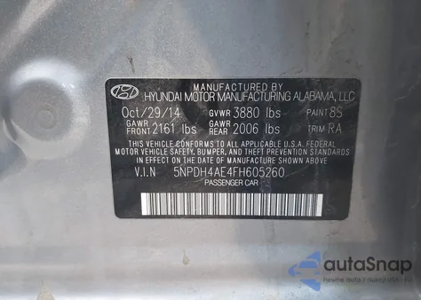 2015 Hyundai Elantra Se from USA, damaged, VIN 5NPDH4AE4FH605260
